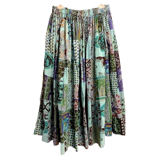 Oceanic Blue and Green Patchwork Design Midi Skirt - Picture 1 of 5